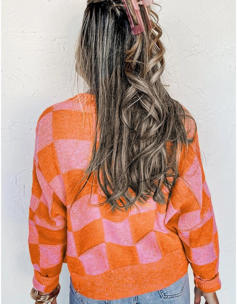 Orange Checkered Drop Shoulder Buttoned V Neck Cardigan