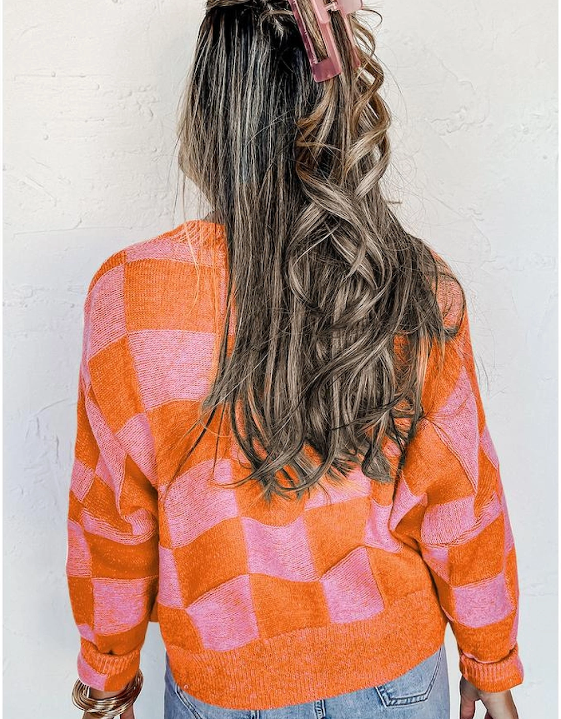 Orange Checkered Drop Shoulder Buttoned V Neck Cardigan