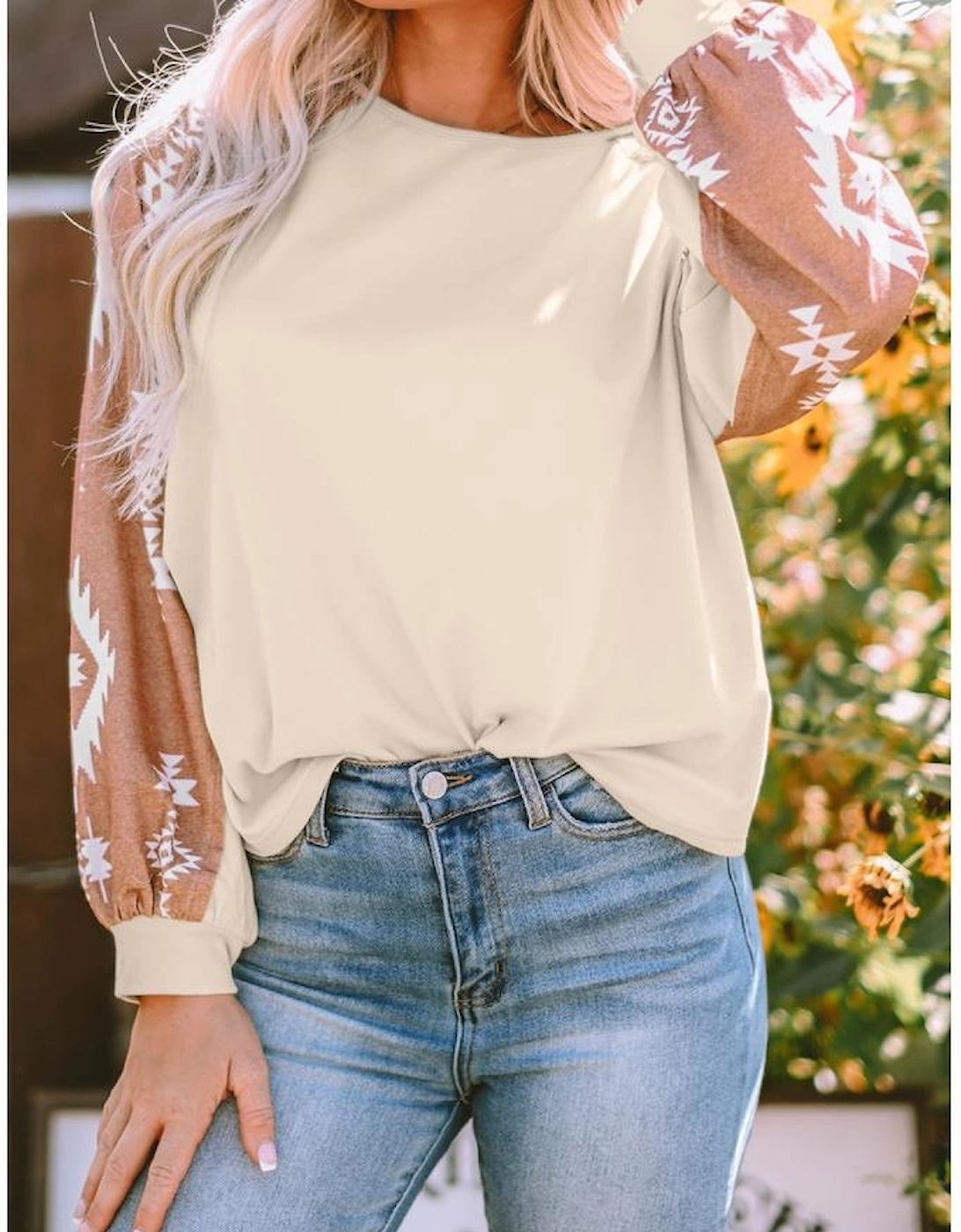 Apricot Western Print Patch Long Sleeve Top