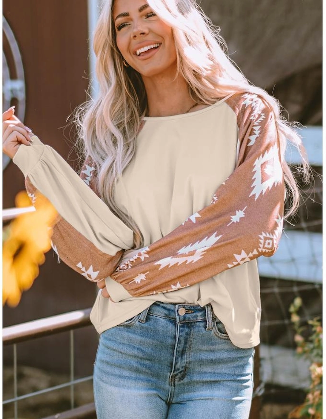 Apricot Western Print Patch Long Sleeve Top