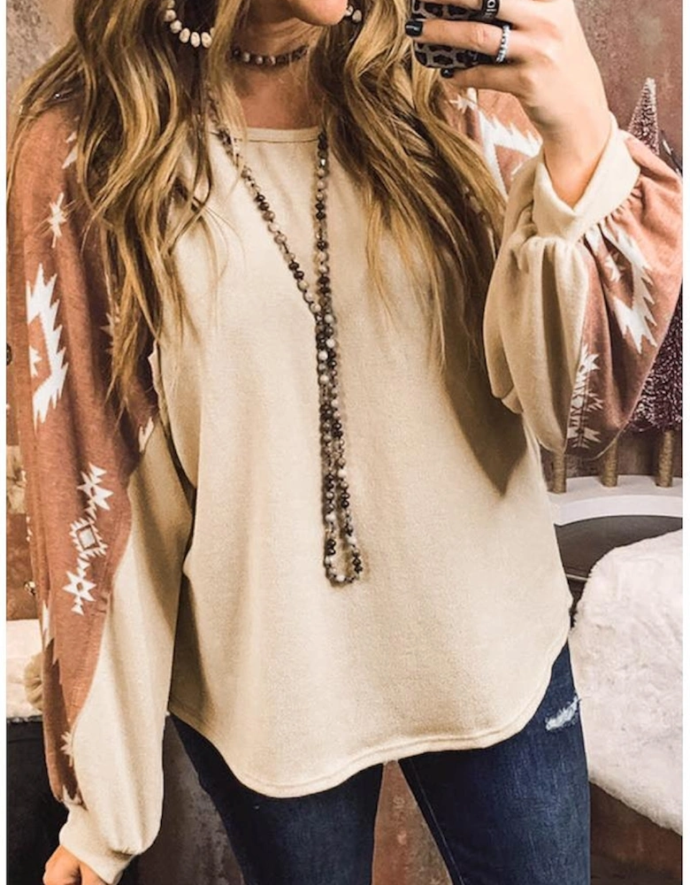 Apricot Western Print Patch Long Sleeve Top