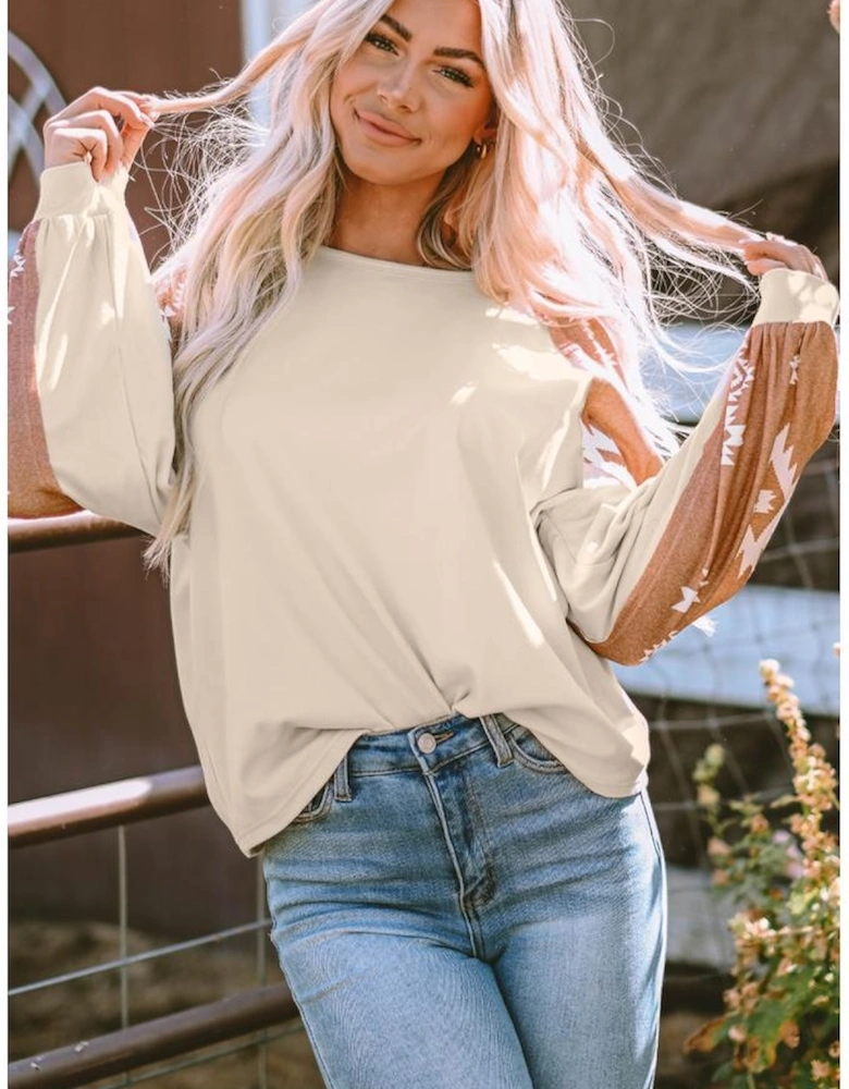 Apricot Western Print Patch Long Sleeve Top