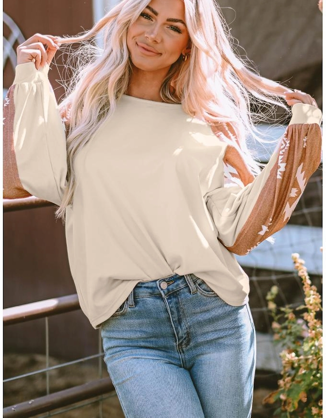 Apricot Western Print Patch Long Sleeve Top
