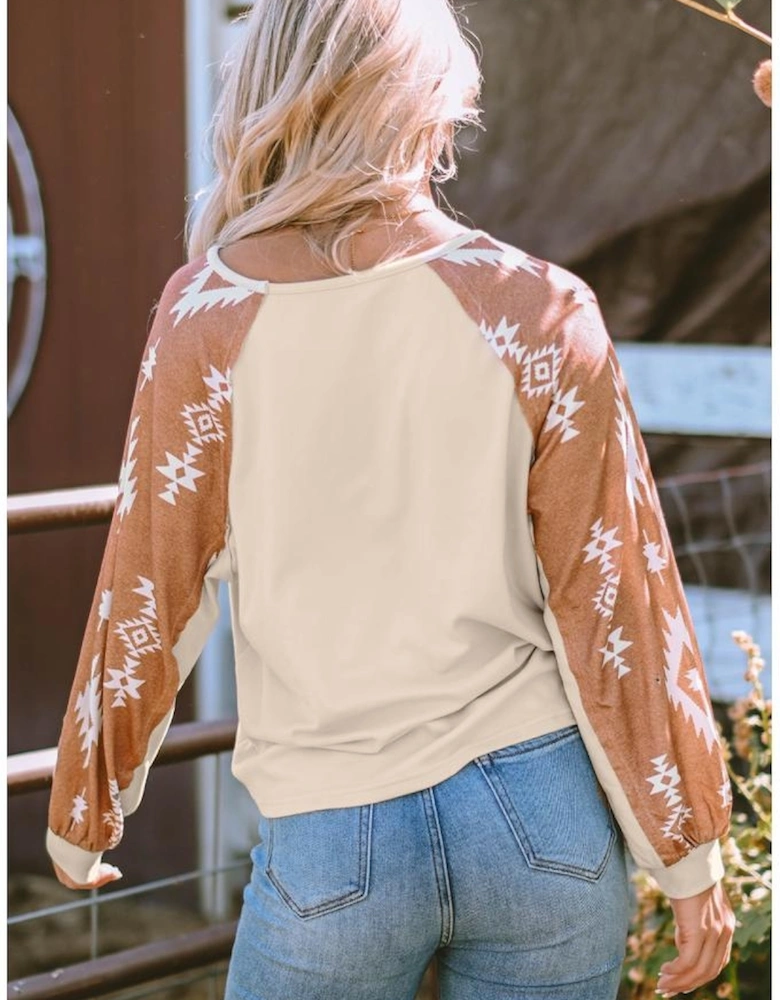 Apricot Western Print Patch Long Sleeve Top