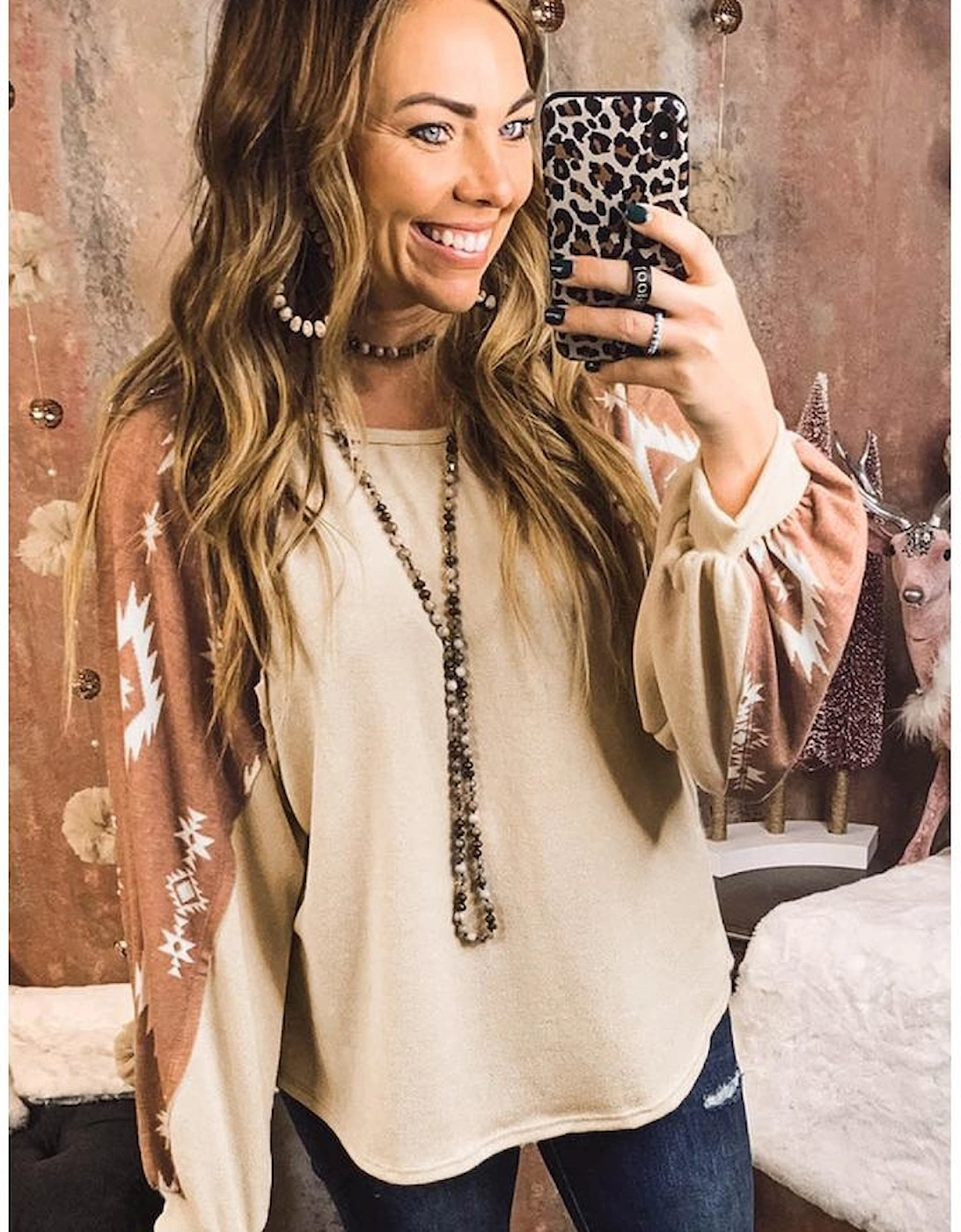 Apricot Western Print Patch Long Sleeve Top