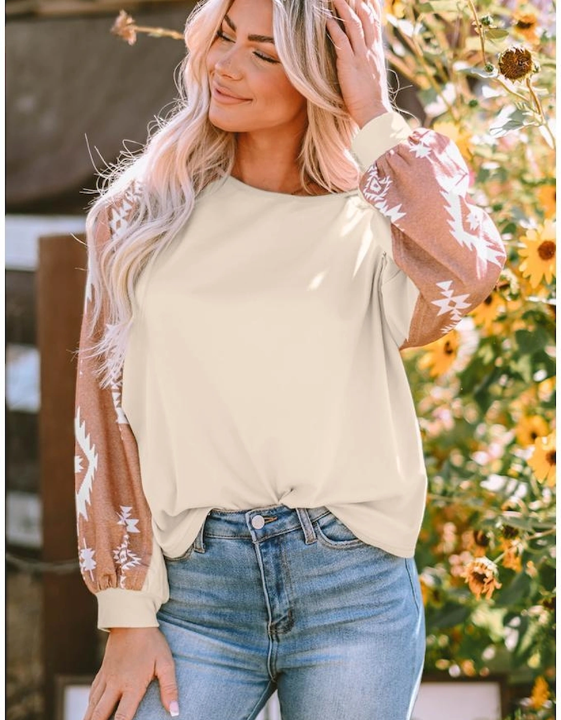 Apricot Western Print Patch Long Sleeve Top