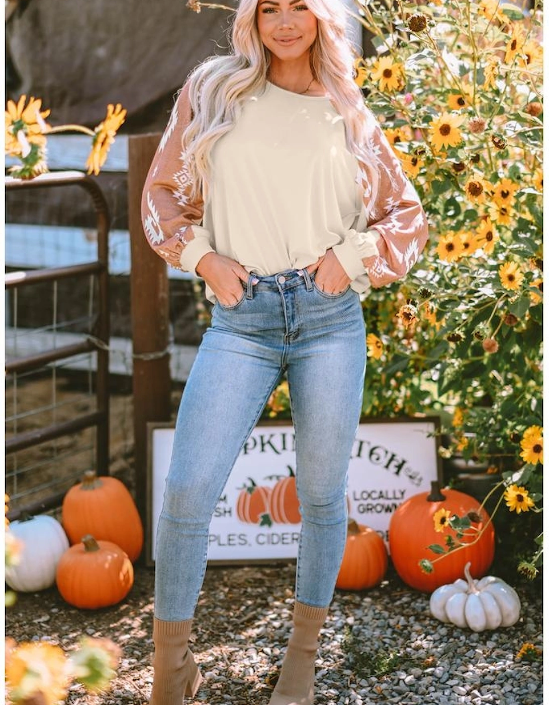 Apricot Western Print Patch Long Sleeve Top