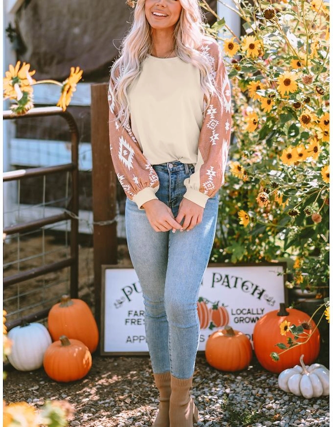 Apricot Western Print Patch Long Sleeve Top