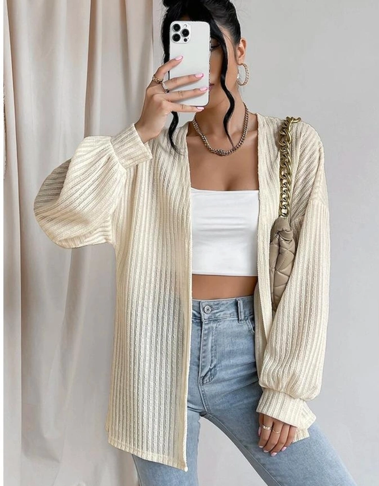 Beige Textured Lantern Sleeve Open Kimono