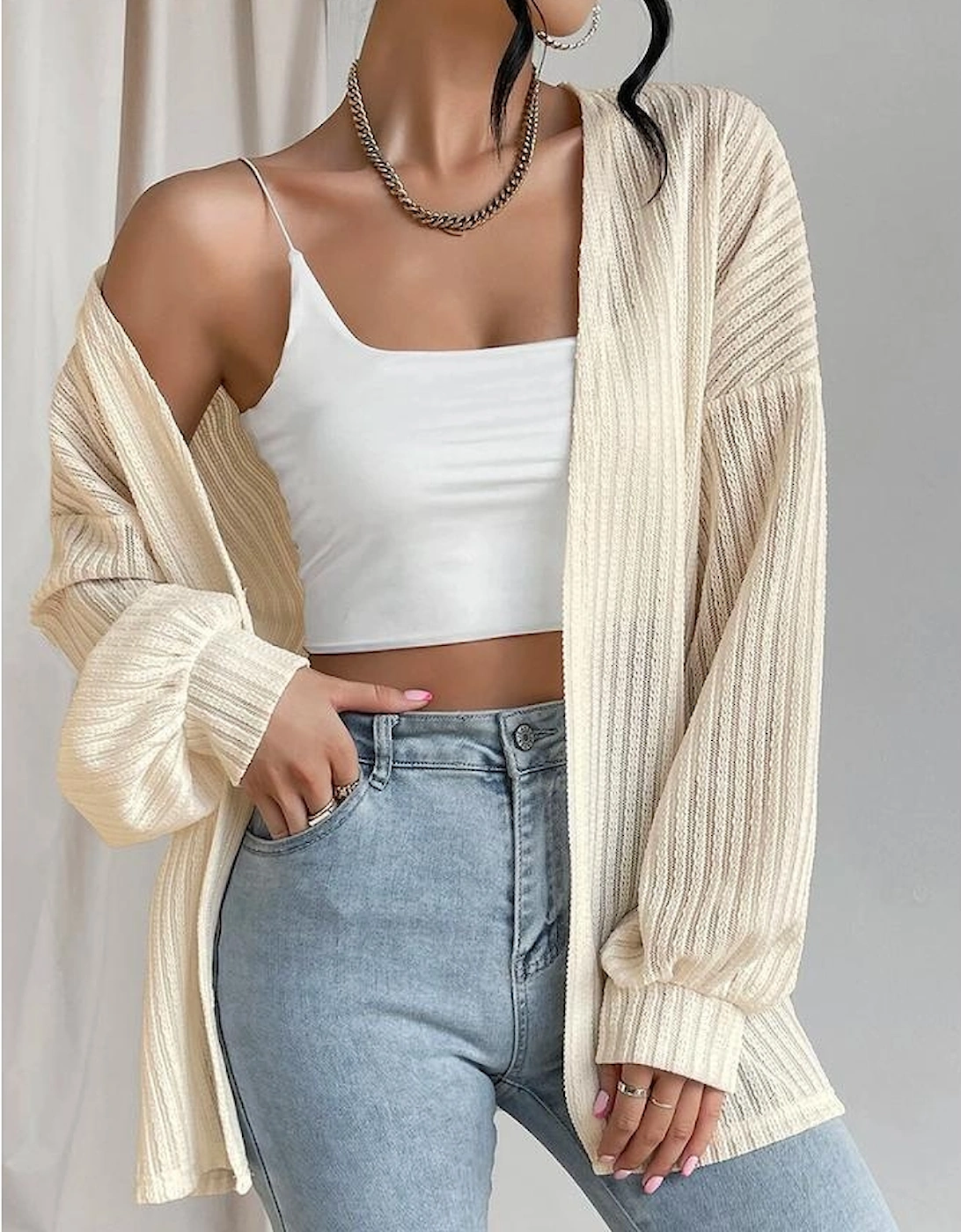 Beige Textured Lantern Sleeve Open Kimono
