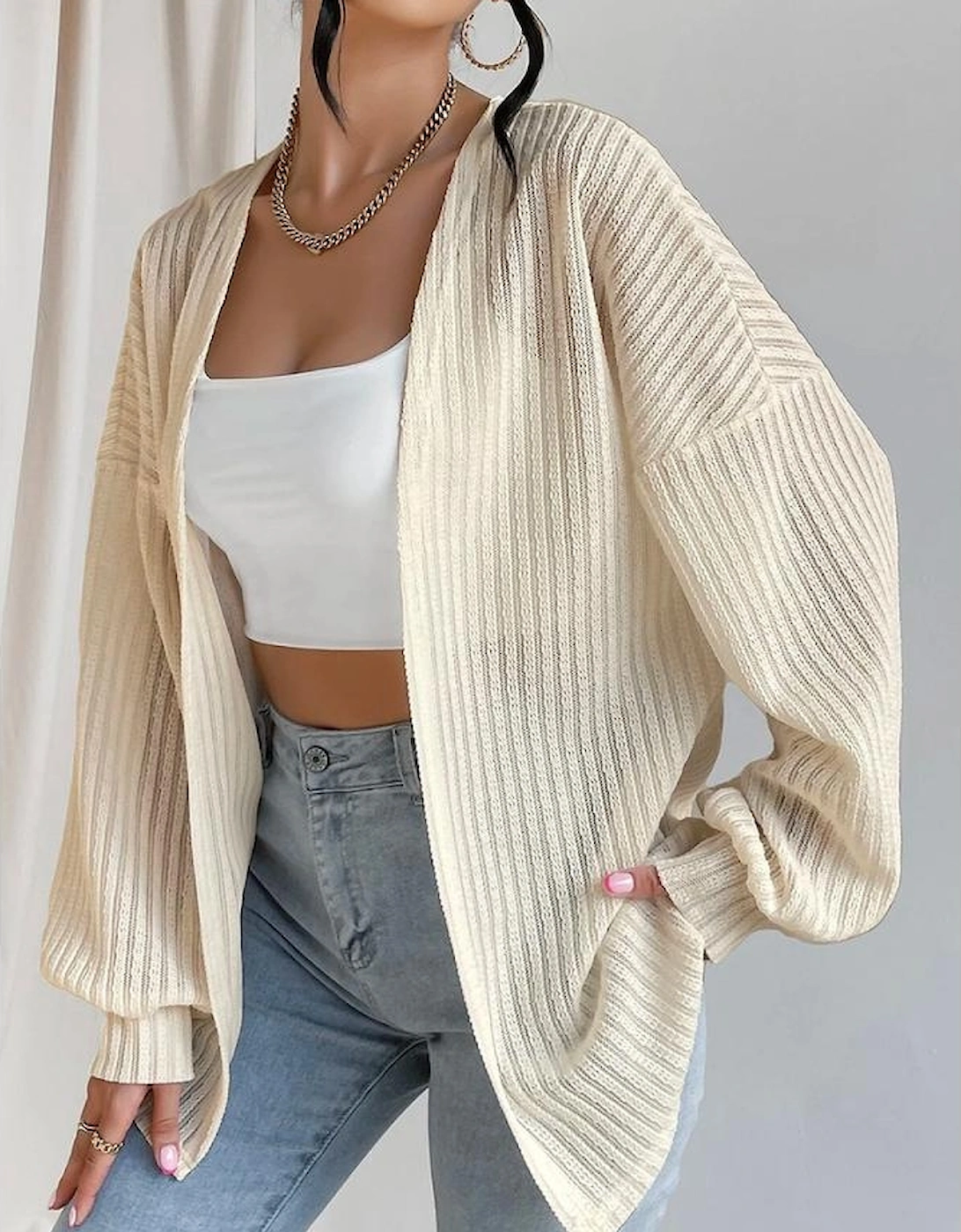 Beige Textured Lantern Sleeve Open Kimono