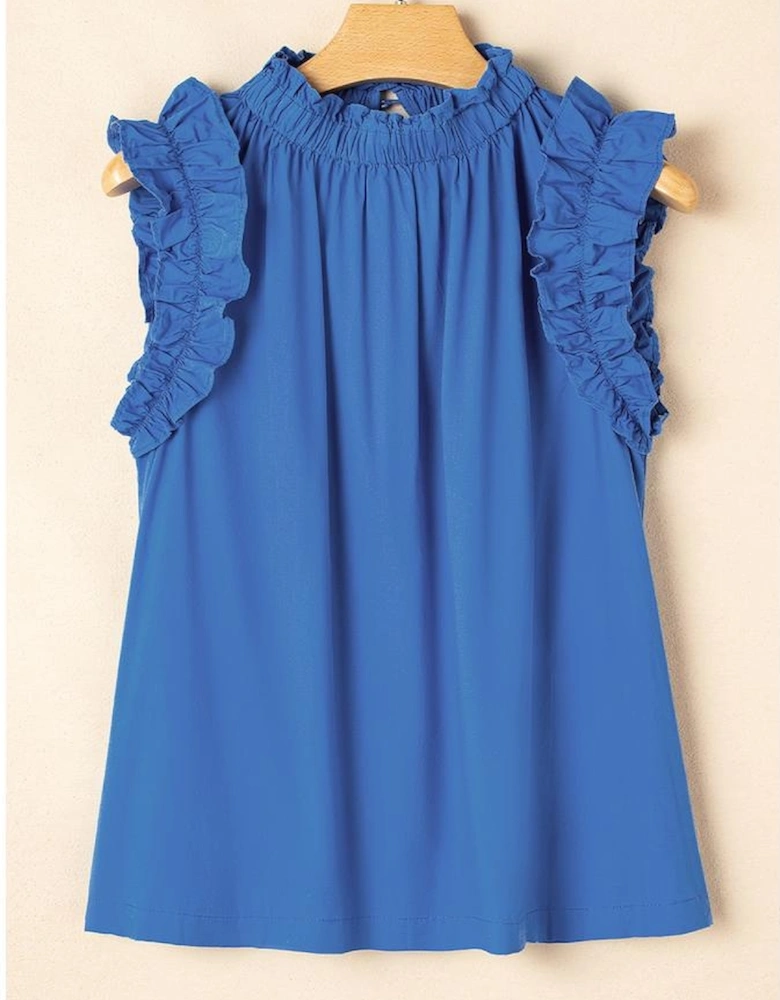 Sky Blue Frilled Neck Ruffled Armholes Buttoned Back Tank Top
