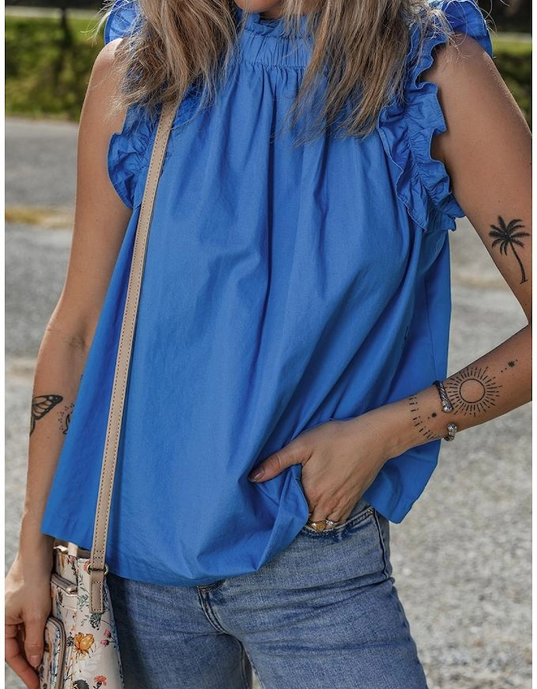 Sky Blue Frilled Neck Ruffled Armholes Buttoned Back Tank Top