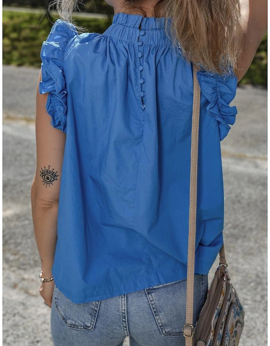 Sky Blue Frilled Neck Ruffled Armholes Buttoned Back Tank Top