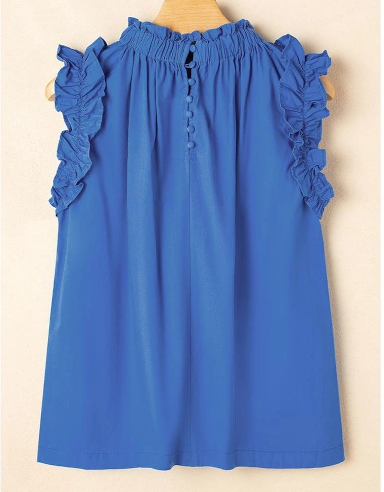 Sky Blue Frilled Neck Ruffled Armholes Buttoned Back Tank Top
