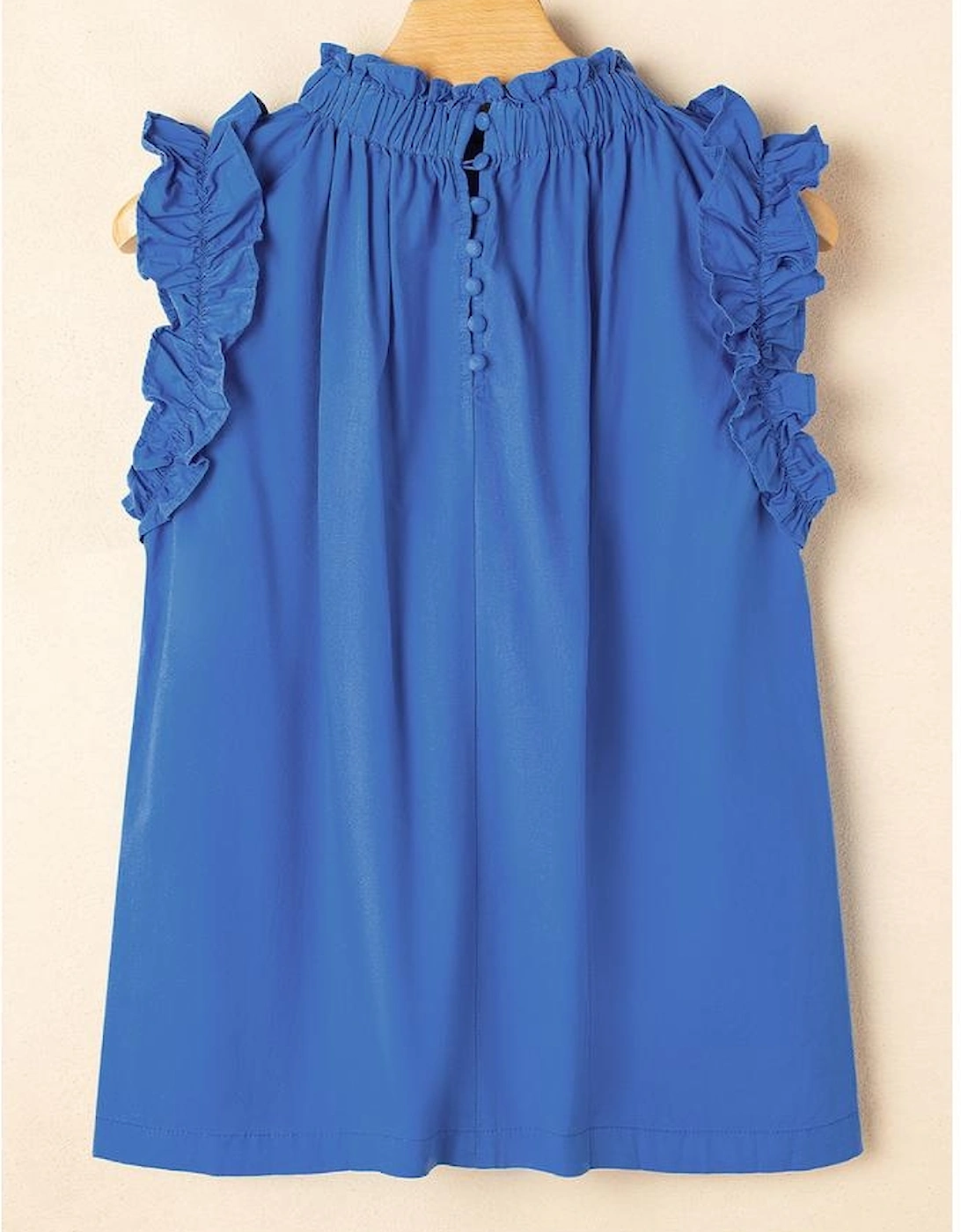 Sky Blue Frilled Neck Ruffled Armholes Buttoned Back Tank Top