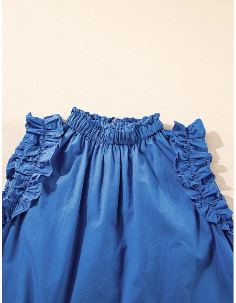 Sky Blue Frilled Neck Ruffled Armholes Buttoned Back Tank Top