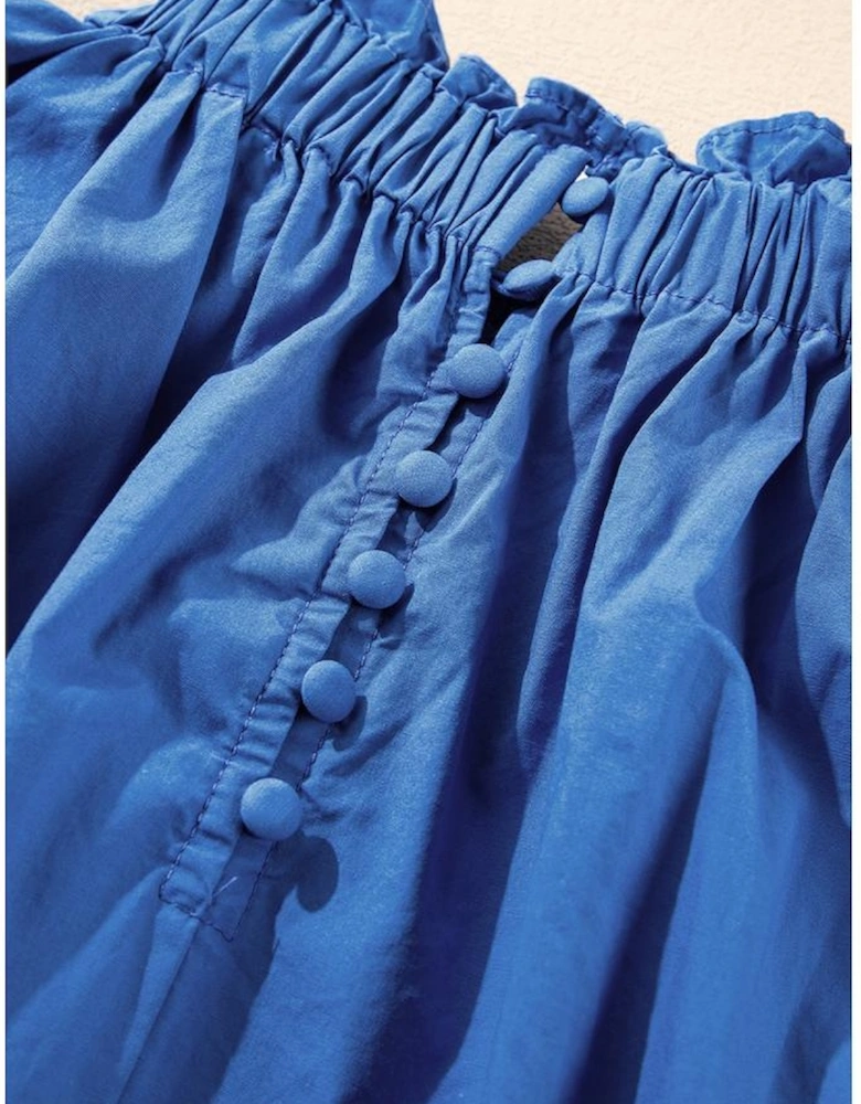 Sky Blue Frilled Neck Ruffled Armholes Buttoned Back Tank Top