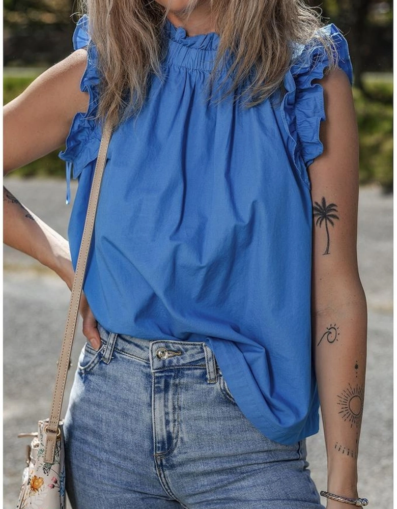 Sky Blue Frilled Neck Ruffled Armholes Buttoned Back Tank Top