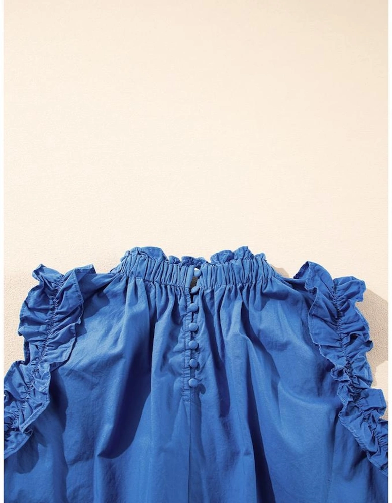 Sky Blue Frilled Neck Ruffled Armholes Buttoned Back Tank Top
