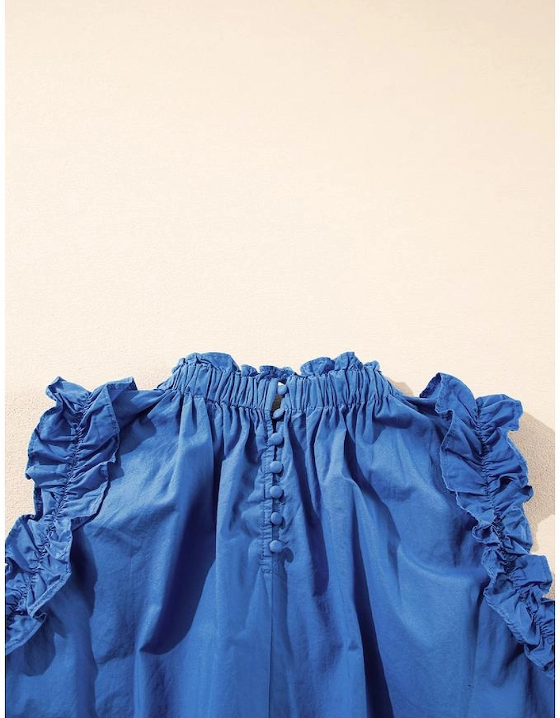 Sky Blue Frilled Neck Ruffled Armholes Buttoned Back Tank Top