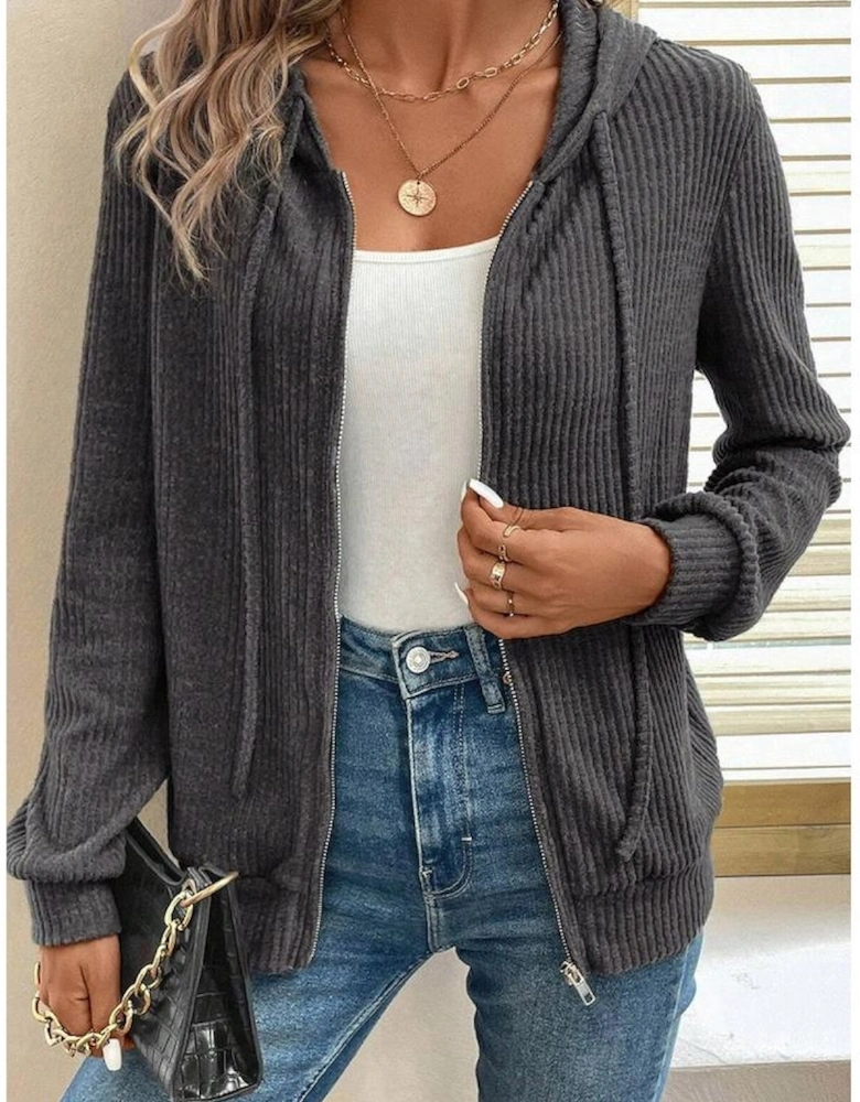 Dark Grey Ribbed Zip Up Front Drawstring Hoodie