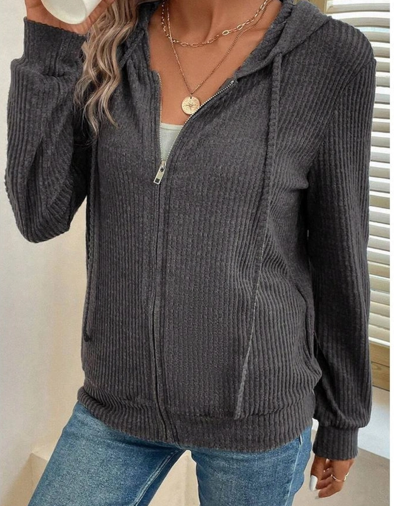 Dark Grey Ribbed Zip Up Front Drawstring Hoodie