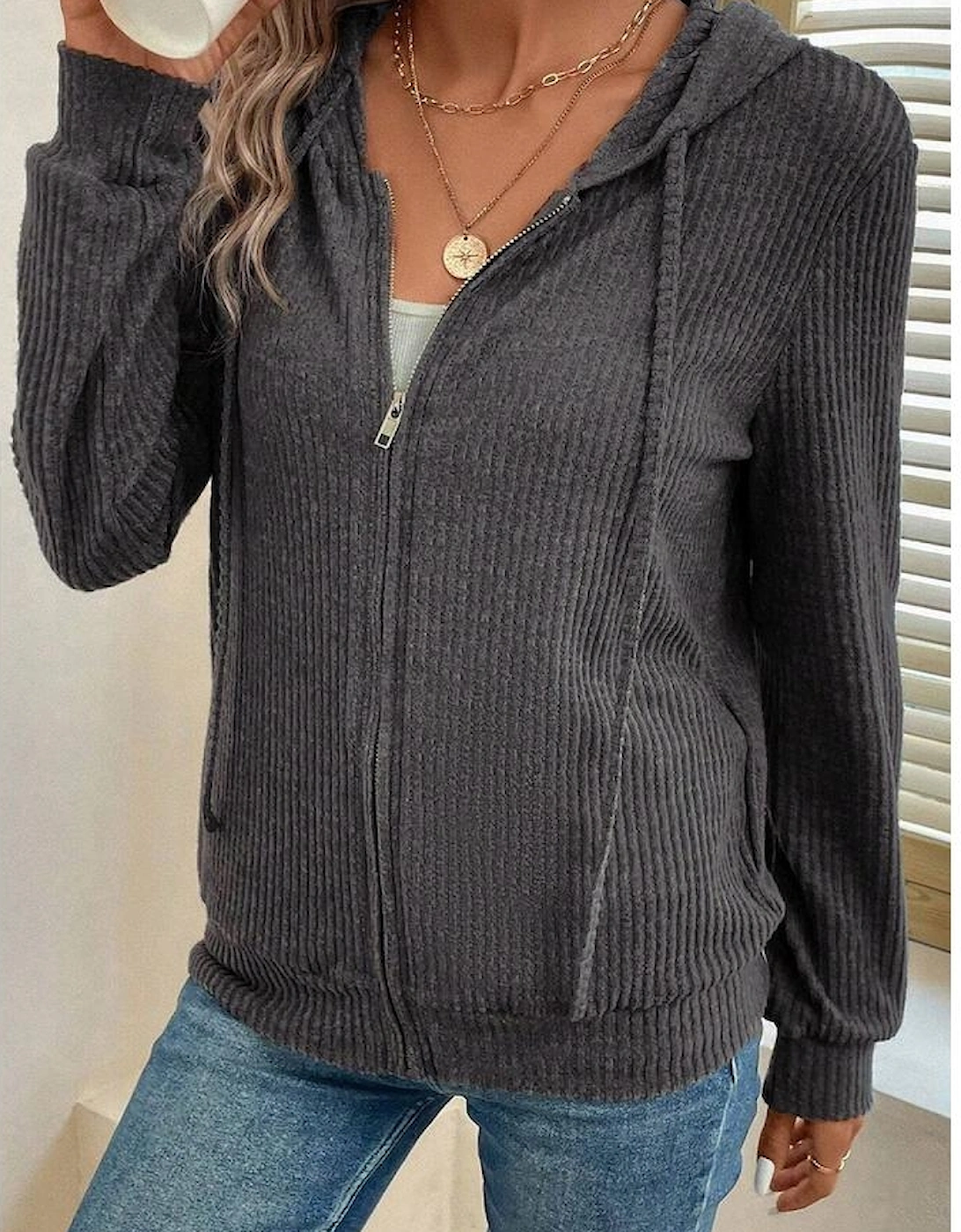 Dark Grey Ribbed Zip Up Front Drawstring Hoodie