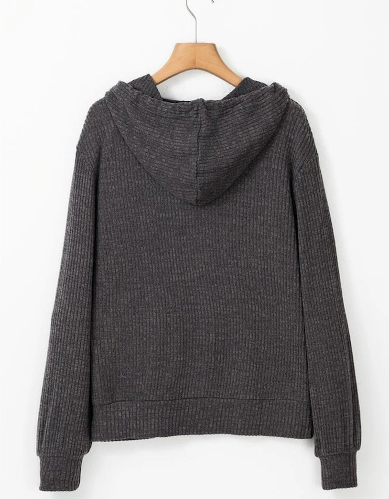 Dark Grey Ribbed Zip Up Front Drawstring Hoodie