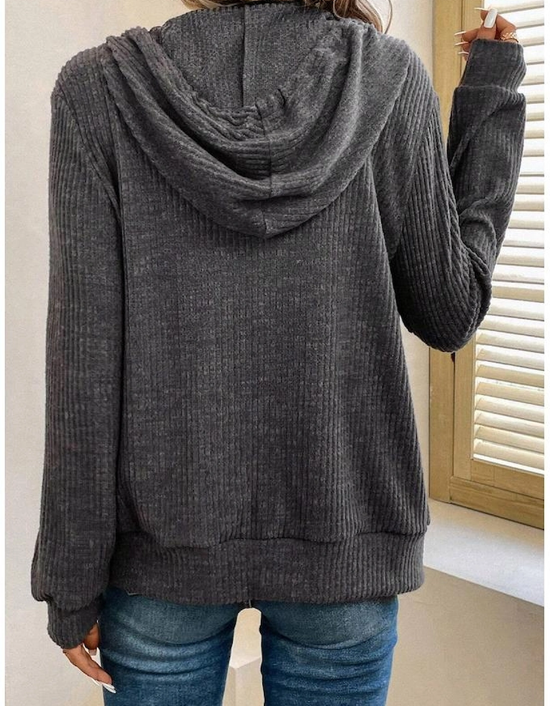 Dark Grey Ribbed Zip Up Front Drawstring Hoodie