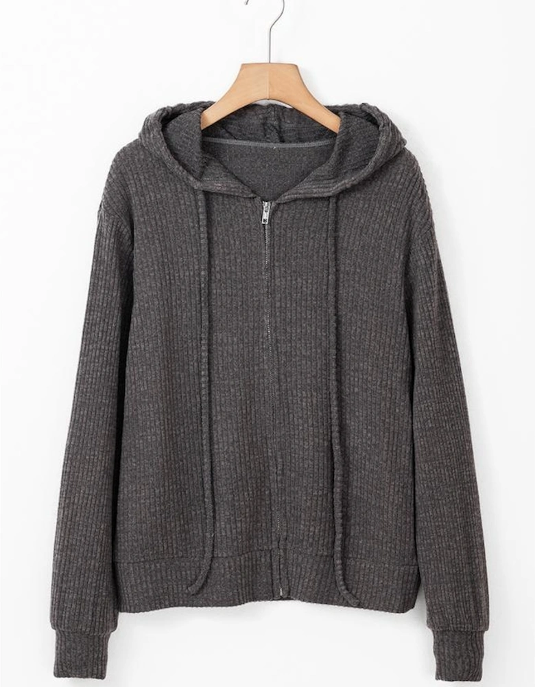 Dark Grey Ribbed Zip Up Front Drawstring Hoodie