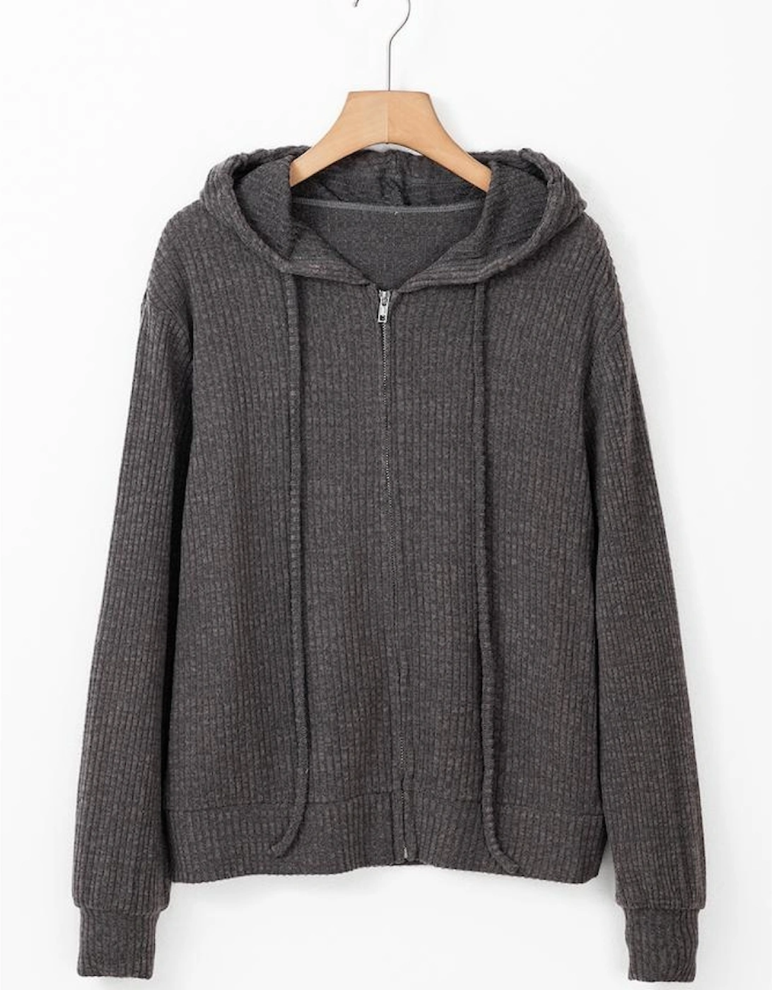 Dark Grey Ribbed Zip Up Front Drawstring Hoodie