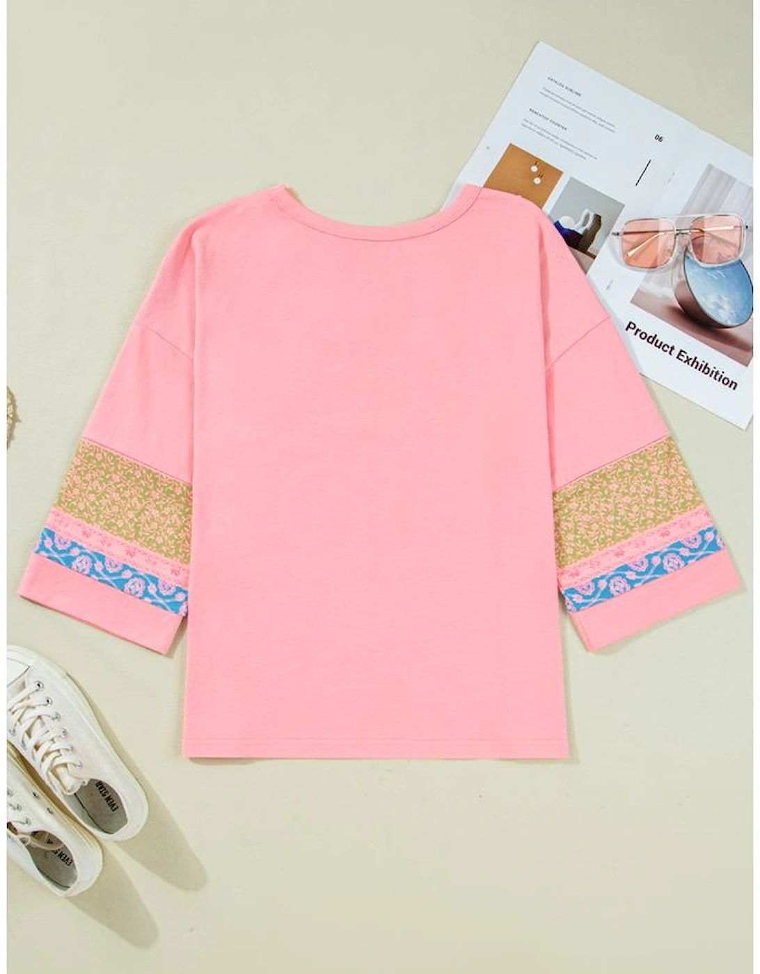 Gossamer Pink Floral Color Block Patchwork Long Sleeve Top