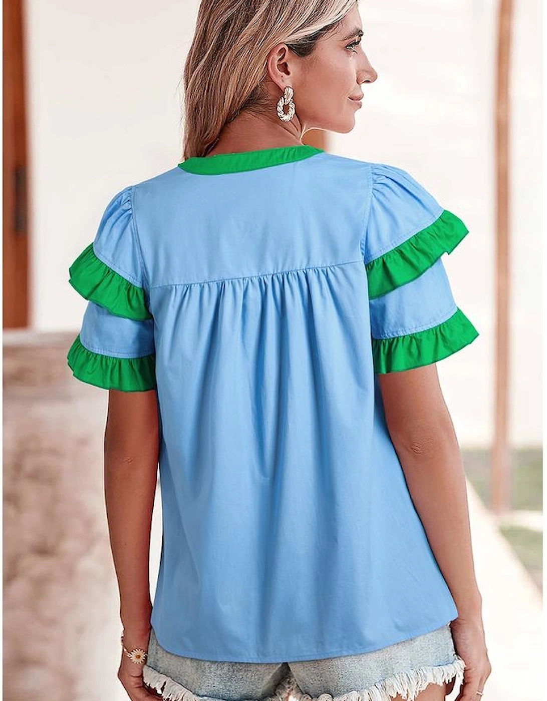 Mist Blue Contrast Notched Neck Frilly Detail Short Sleeve Blouse, 11 of 10