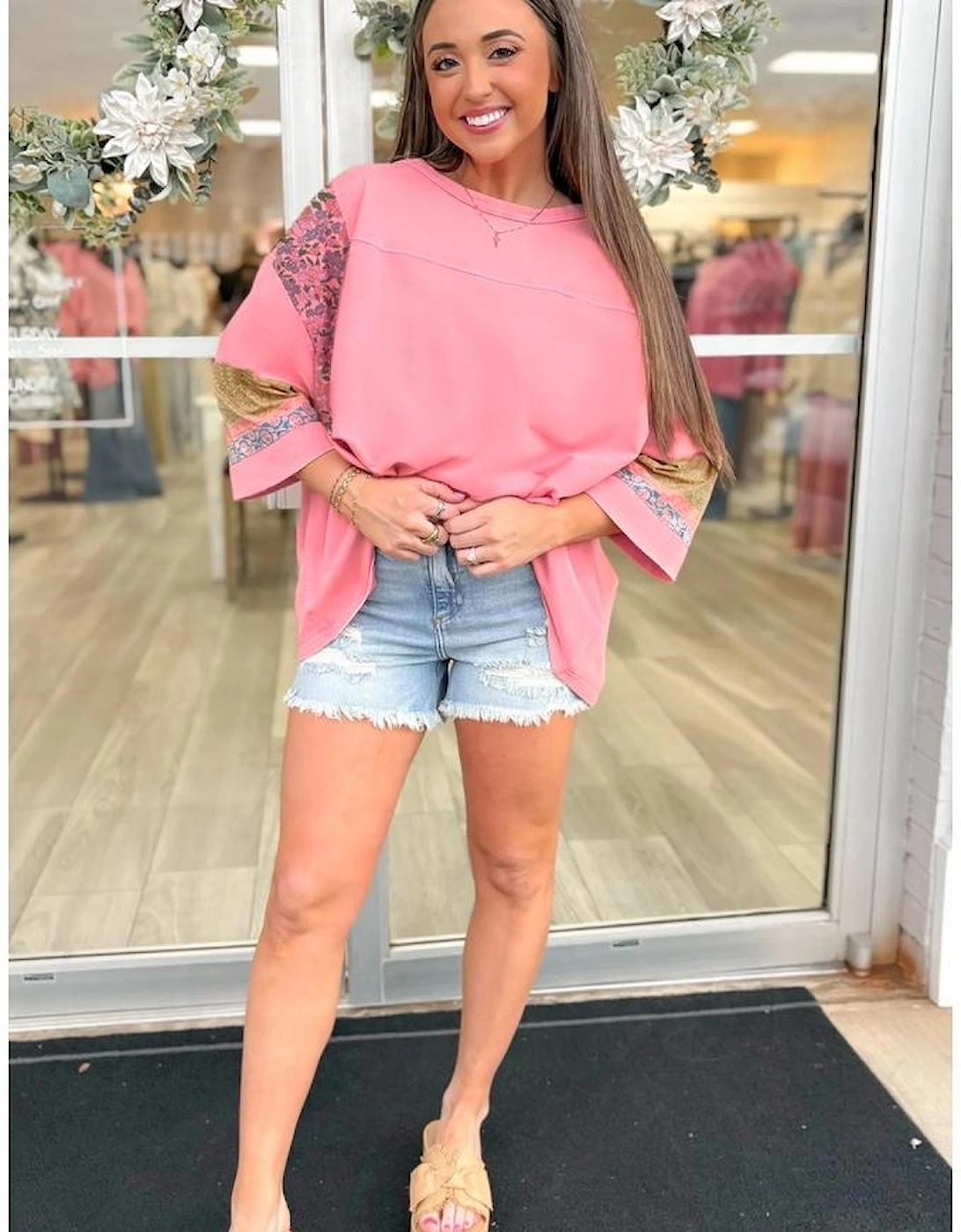 Gossamer Pink Floral Color Block Patchwork Long Sleeve Top