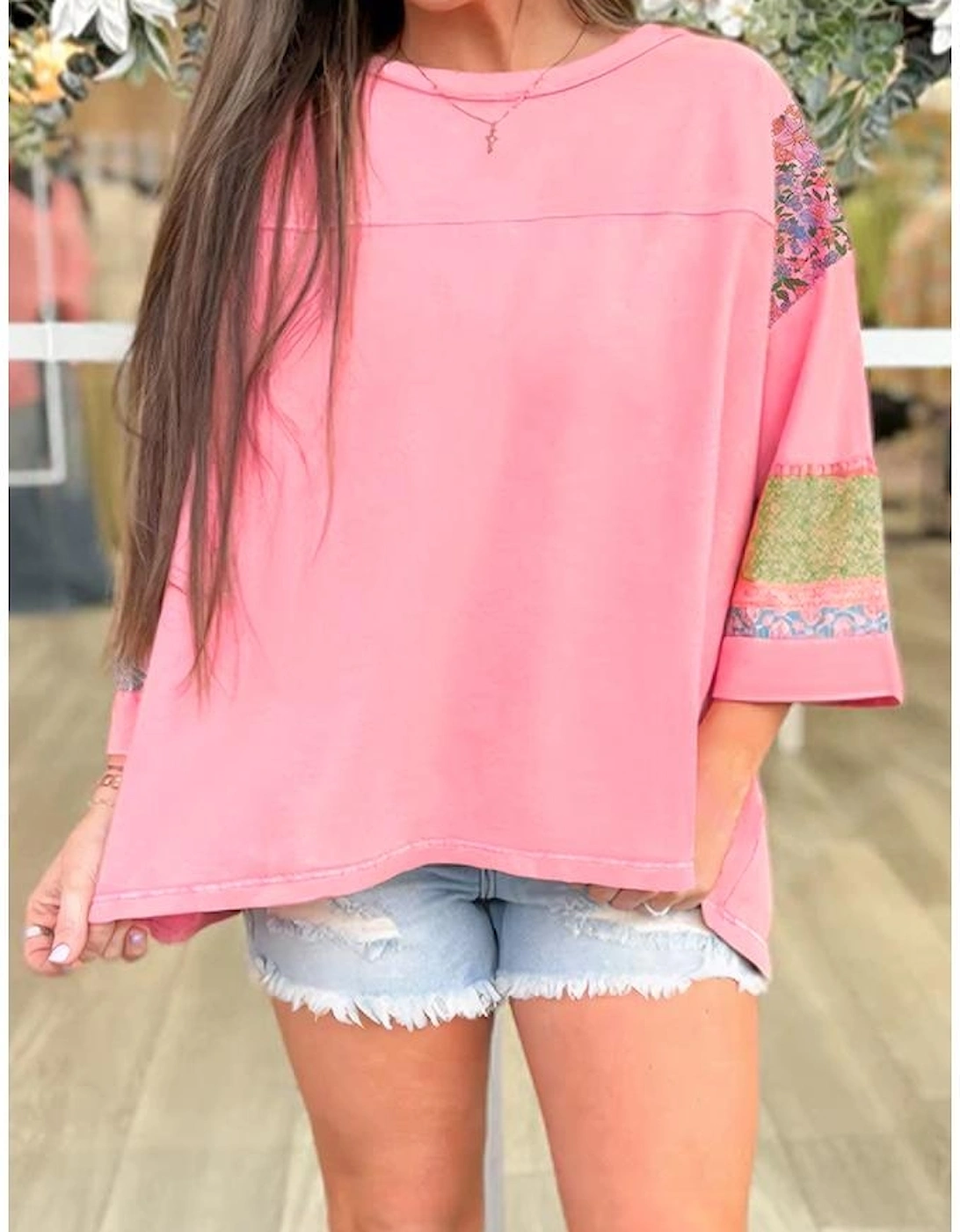 Gossamer Pink Floral Color Block Patchwork Long Sleeve Top