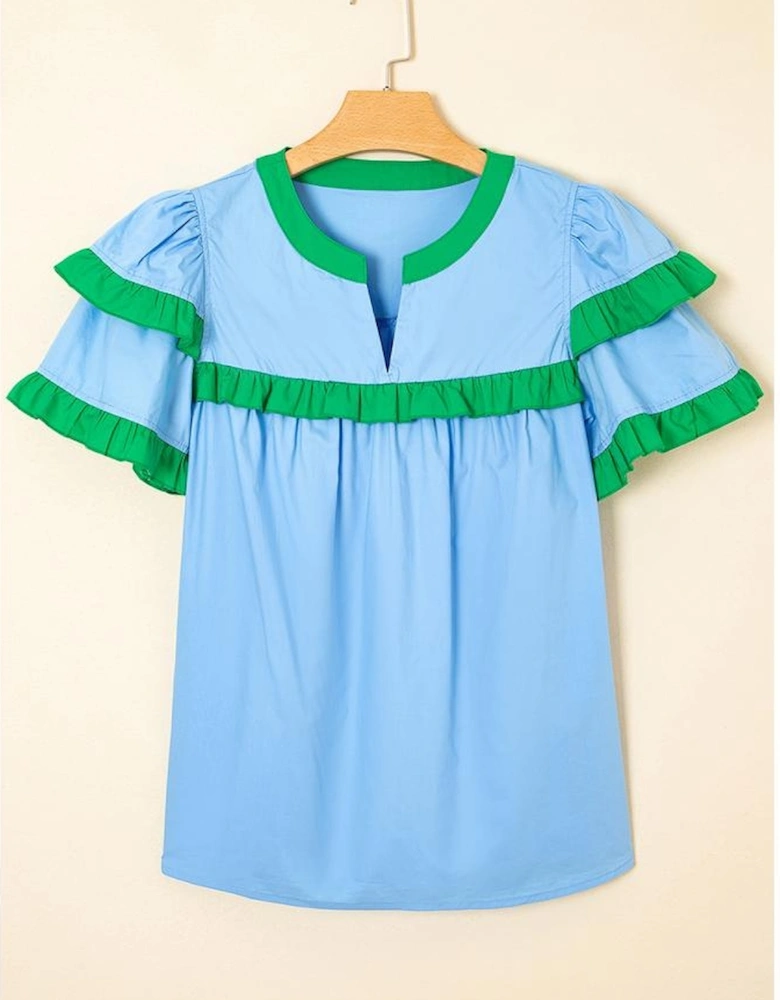 Mist Blue Contrast Notched Neck Frilly Detail Short Sleeve Blouse