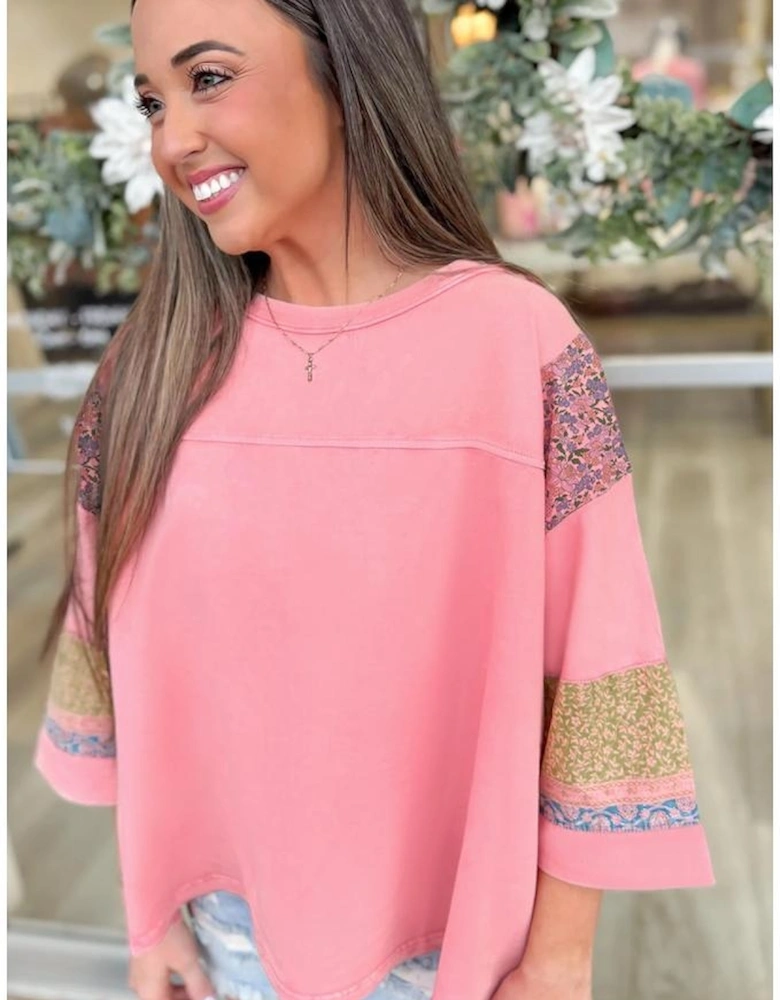 Gossamer Pink Floral Color Block Patchwork Long Sleeve Top