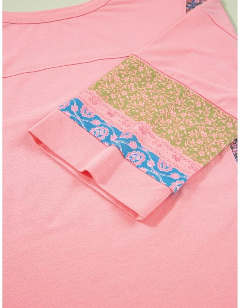 Gossamer Pink Floral Color Block Patchwork Long Sleeve Top