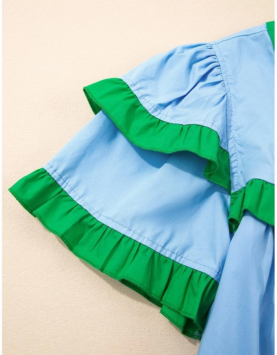 Mist Blue Contrast Notched Neck Frilly Detail Short Sleeve Blouse