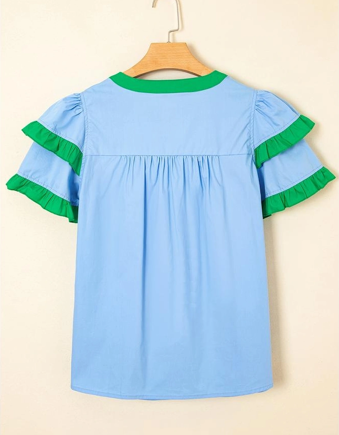 Mist Blue Contrast Notched Neck Frilly Detail Short Sleeve Blouse
