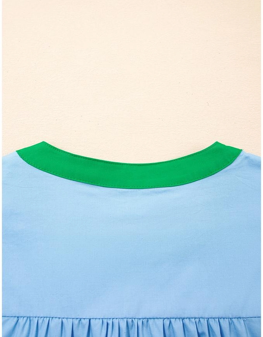 Mist Blue Contrast Notched Neck Frilly Detail Short Sleeve Blouse