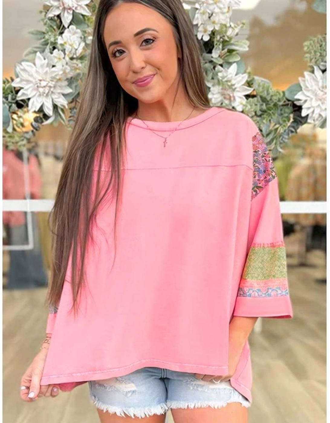 Gossamer Pink Floral Color Block Patchwork Long Sleeve Top