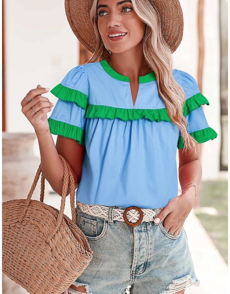 Mist Blue Contrast Notched Neck Frilly Detail Short Sleeve Blouse