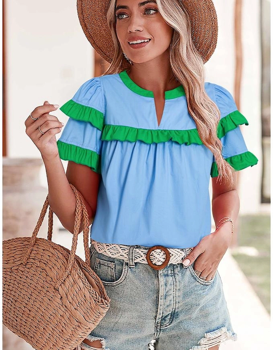 Mist Blue Contrast Notched Neck Frilly Detail Short Sleeve Blouse