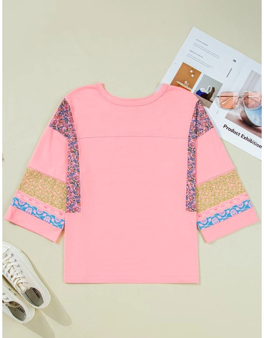 Gossamer Pink Floral Color Block Patchwork Long Sleeve Top