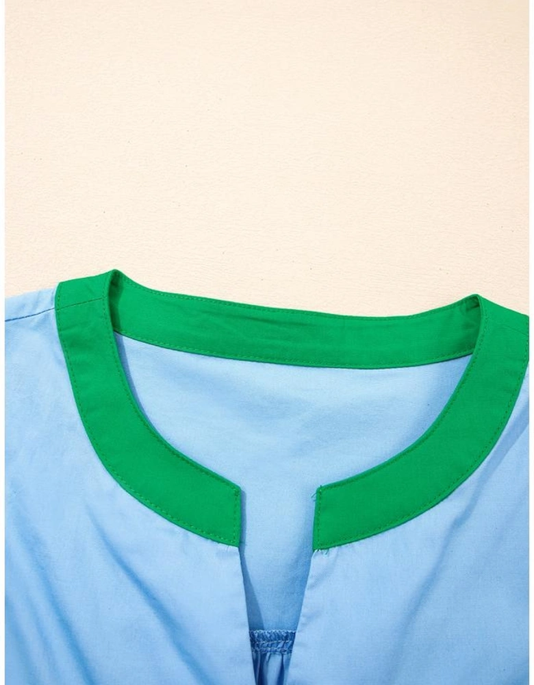 Mist Blue Contrast Notched Neck Frilly Detail Short Sleeve Blouse