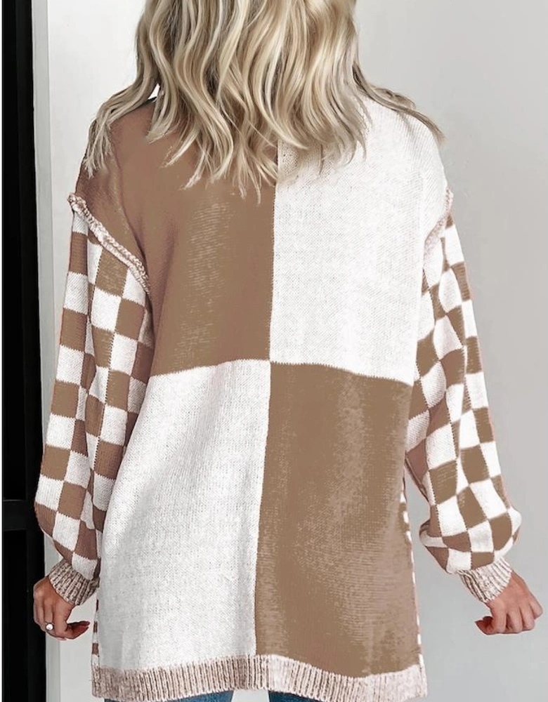 Brown Checkered Bubble Sleeve Drop Shoulder Open Cardigan