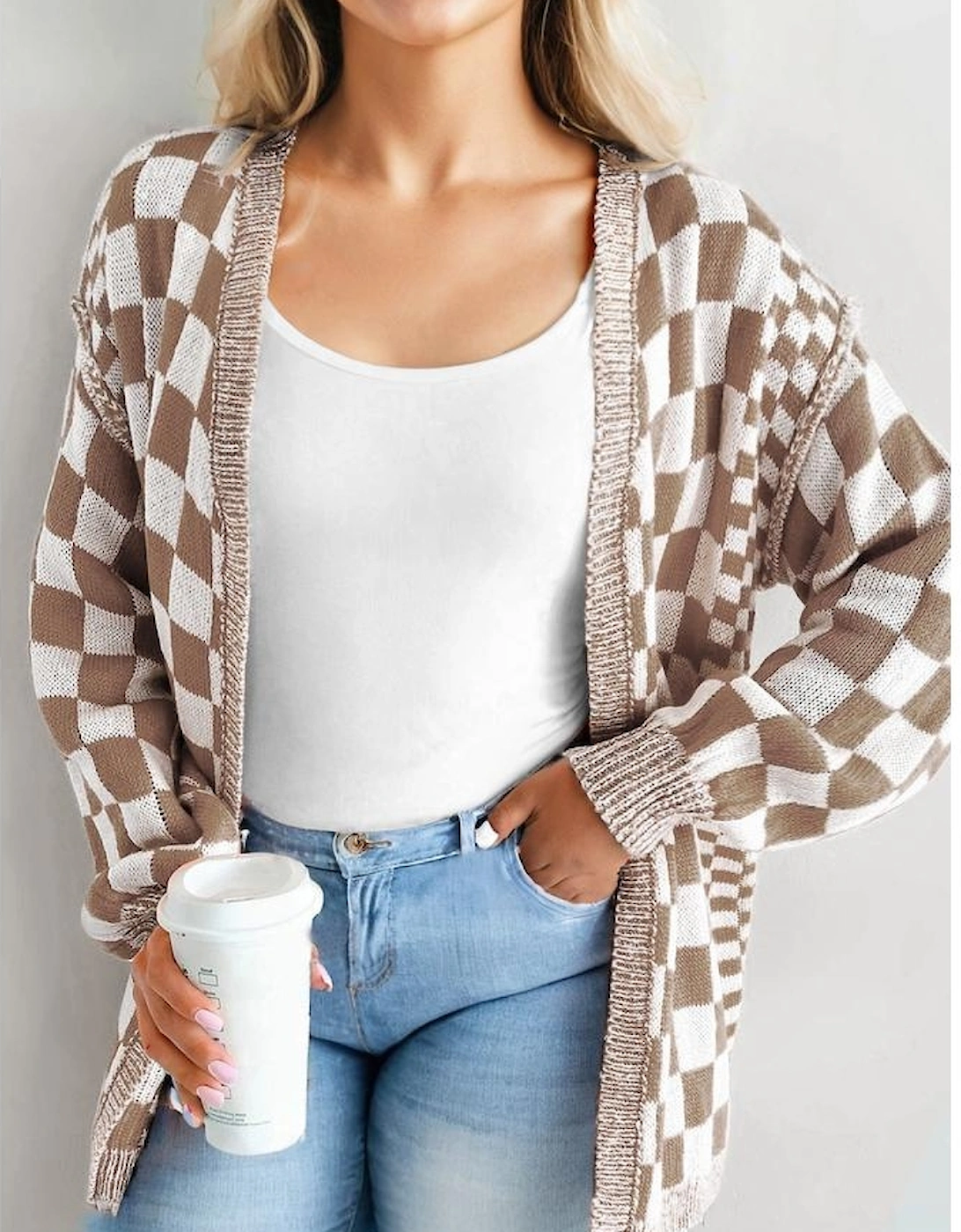 Brown Checkered Bubble Sleeve Drop Shoulder Open Cardigan