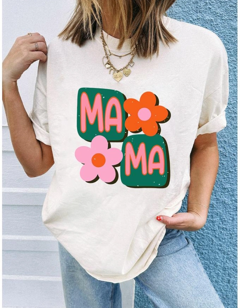 White MAMA Flower Graphic Crewneck Tee